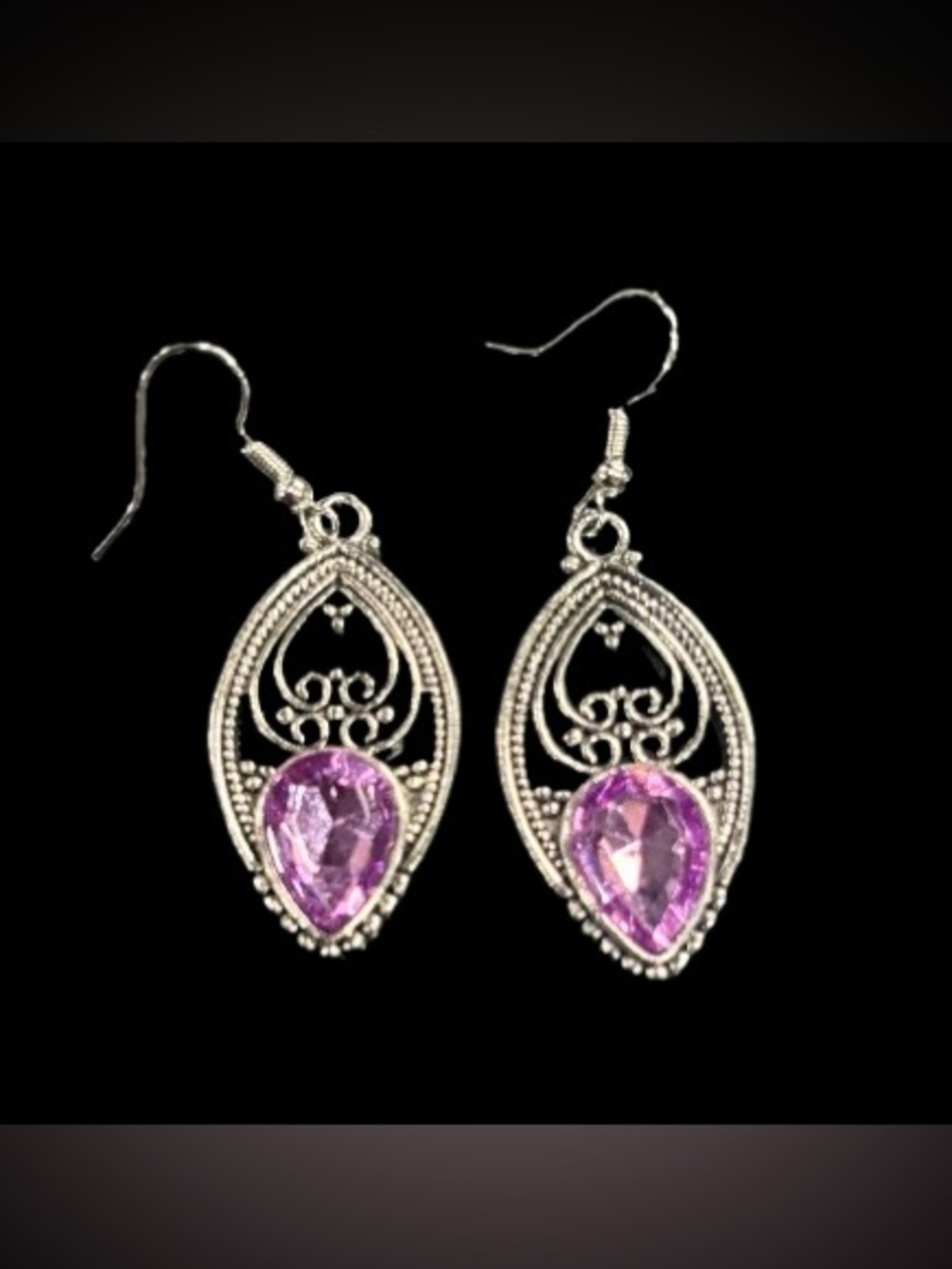 Silver Filigree Drop Earrings with Pink Teardrop Stones